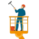 Clear Choice: A worker wearing a hard hat and holding a hammer stands in a lift basket, against a black background, showcasing home improvement techniques.