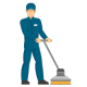 Clear Choice: A vector illustration of a man in a blue uniform and cap, using a push broom to sweep the floor as part of a home improvement project.