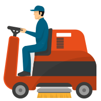Clear Choice: A graphic of a man operating a red floor-sweeping machine, designed for home improvement, viewed from the side, on a plain white background.