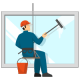 Clear Choice: A window cleaner wearing a cap and overalls washes a large window with a squeegee, sitting on the inside for home improvement, with a bucket beside him.