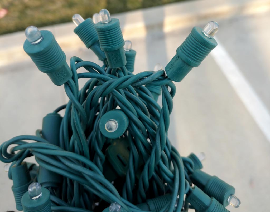 Clear Choice: A tangled bundle of green seasonal lighting with clear bulbs, held up, with a blurred Boise Valley street background.