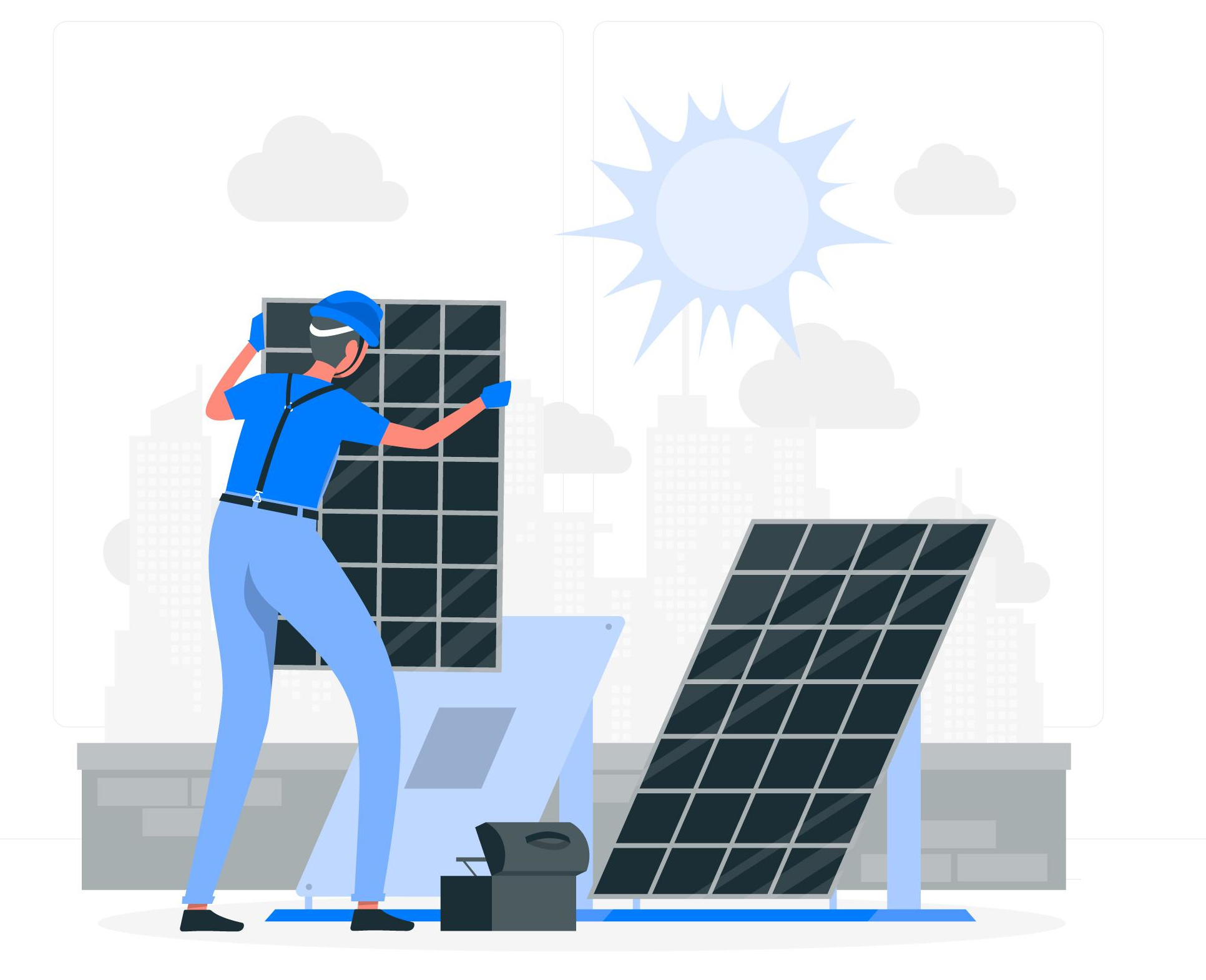 Clear Choice: A technician in a cap and headset inspects solar panels with a digital tablet, standing in an urban setting with buildings and a stylized sun in the background.