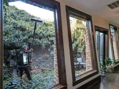 Clear Choice: A person cleaning floor-to-ceiling windows using a squeegee, with a lush vertical garden visible outside.